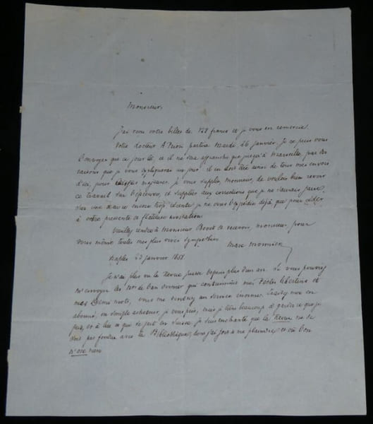 Marc Monnier – Lettre autographe sign&eacute;e – Naples, 1858 – Revue suisse, Po&egrave;mes. Marc Monnier