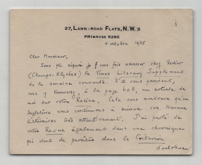 Montgomery Belgion Carte lettre autographe sign&eacute;e &agrave; Thierry Maulnier Racine 1935. Montgomery Belgion