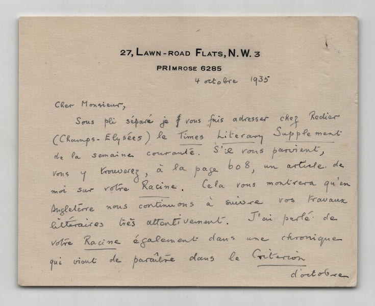 Montgomery Belgion Carte lettre autographe sign&eacute;e &agrave; Thierry Maulnier Racine 1935. Montgomery Belgion