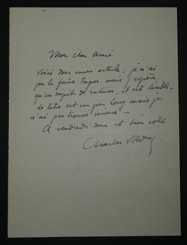 Charles VILDRAC, Po&egrave;te - LETTRE AUTOGRAPHE SIGN&Eacute;E &agrave; propos d'un article, 1 page. Charles Vildrac