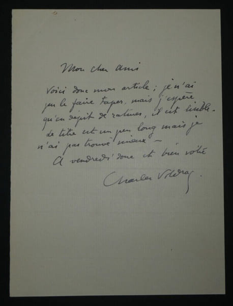 Charles VILDRAC, Po&egrave;te - LETTRE AUTOGRAPHE SIGN&Eacute;E &agrave; propos d'un article, 1 page. Charles Vildrac