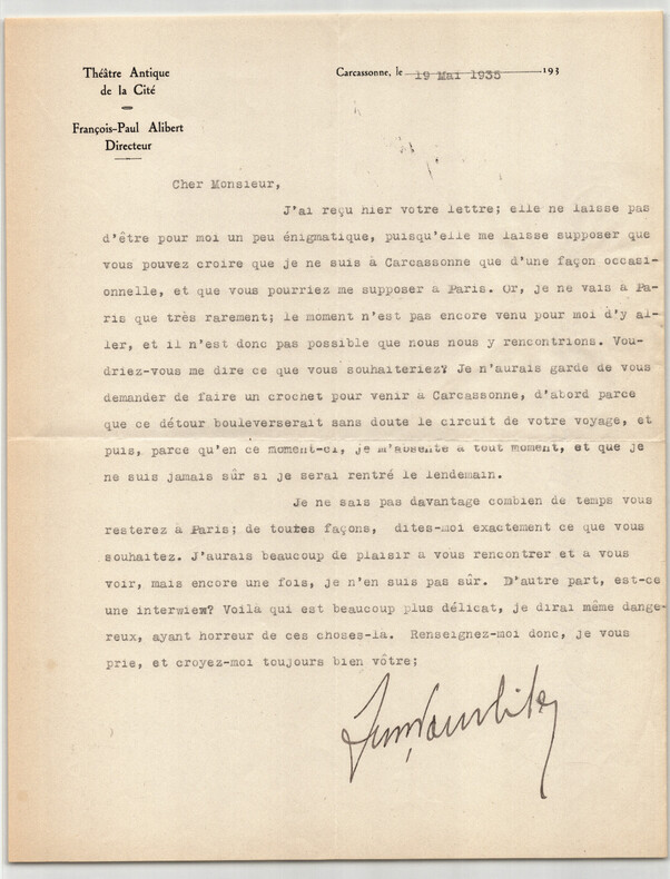 Fran&ccedil;ois-Paul Alibert - Lettre dactylographi&eacute;e sign&eacute;e - refus d'interview, 1935. Fran&ccedil;ois-Paul Alibert