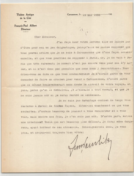 Fran&ccedil;ois-Paul Alibert - Lettre dactylographi&eacute;e sign&eacute;e - refus d'interview, 1935. Fran&ccedil;ois-Paul Alibert