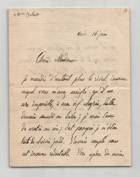 Victor Cherbuliez - Lettre autographe sign&eacute;e &agrave; Marie Tr&eacute;lat - "rival inconnu". Victor Cherbuliez