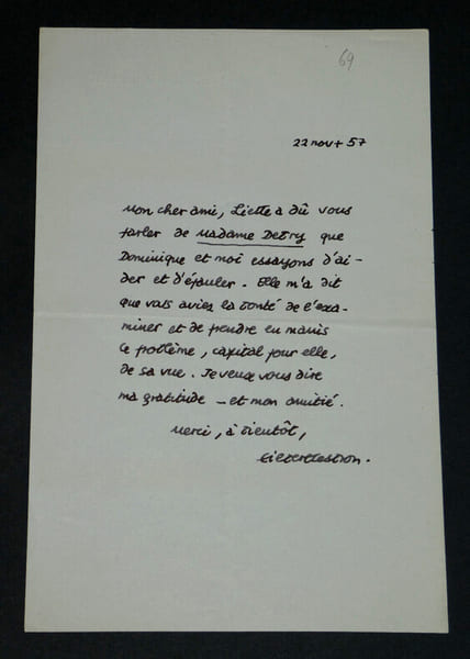 Gilbert CESBRON - Lettre autographe sign&eacute;e de remerciements - 1957. Gilbert CESBRON
