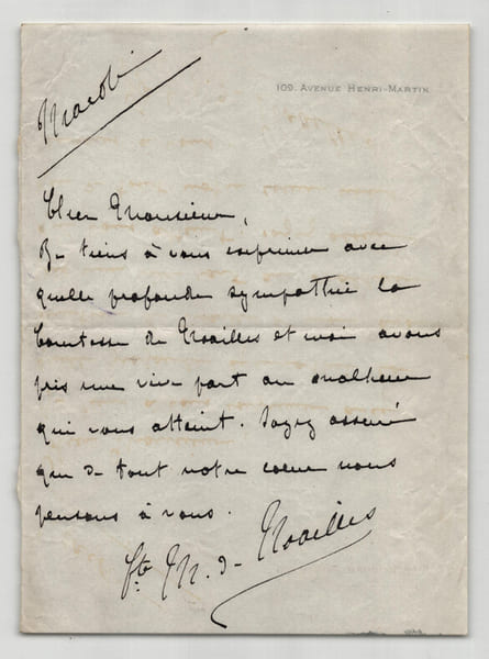 Mathieu de Noailles &eacute;poux d'Anna de Noailles po&egrave;tesse - Lettre autographe sign&eacute;e. Mathieu de Noailles