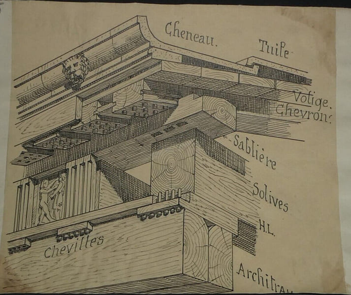 Dessin original sign&eacute; — Vue perspective de l'entablement en bois du temple d'H&eacute;ra &agrave; Olympie (Reconstitution hypoth&eacute;tique), vers 1930. Louis Henri ...