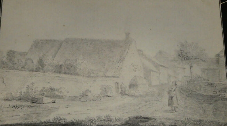 Dessin au crayon d'une ferme avec repr&eacute;sentation d'une paysanne. 