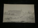 Dessin au crayon d'une ferme avec repr&eacute;sentation d'une paysanne. 