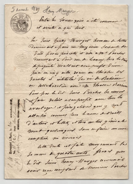 Pouvoir manuscrit sign&eacute; Henry Murger – Collection coh&eacute;rente 24 auteurs&musiciens. Henry Murger