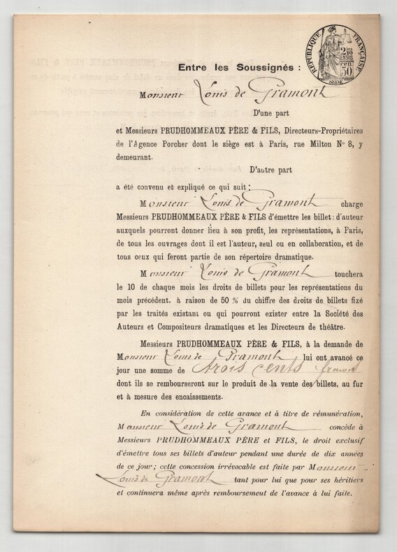 Pouvoir sign&eacute; par Louis de Gramont – Collection de 50 auteurs & musiciens. Louis de Gramont