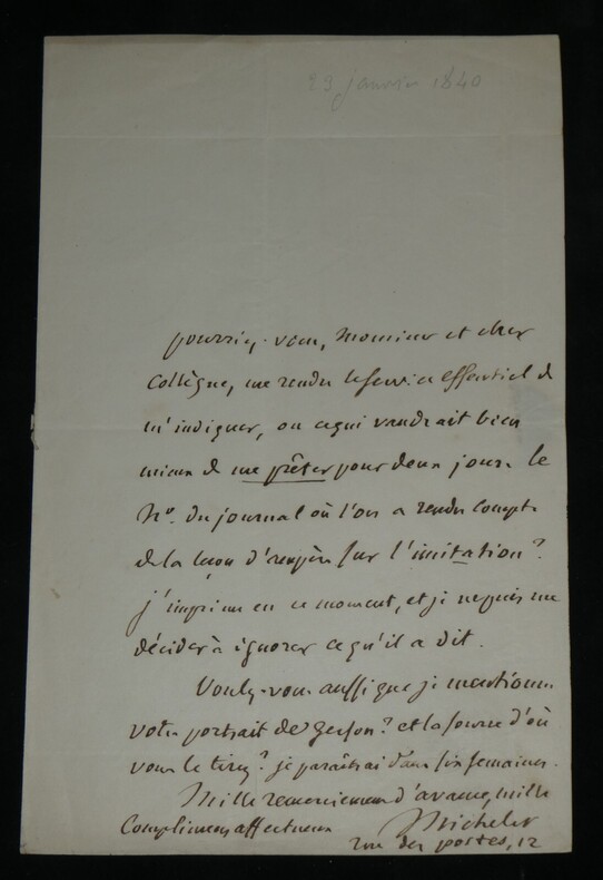 Jules Michelet - Lettre autographe sign&eacute;e &agrave; Monsieur Jarry de Mancy - Le&ccedil;on d'Amp&egrave;re sur l'imitation de Jesus-Christ. Jules Michelet