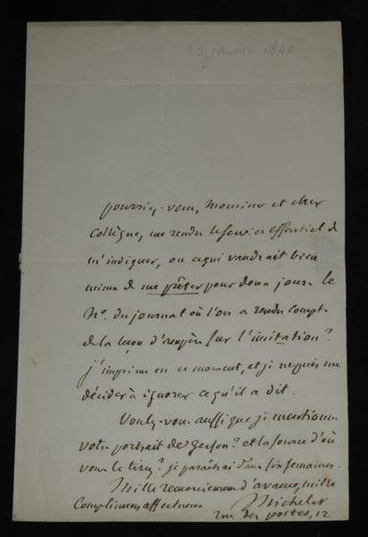 Jules Michelet - Lettre autographe sign&eacute;e &agrave; Monsieur Jarry de Mancy - Le&ccedil;on d'Amp&egrave;re sur l'imitation de Jesus-Christ. Jules Michelet