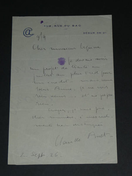 Claude ANET LETTRE AUTOGRAPHE SIGN&Eacute;E &Agrave; M LAPINA, Rue du bac, Comme Soeur Anne, je ne vois rien venir.... Claude ANET