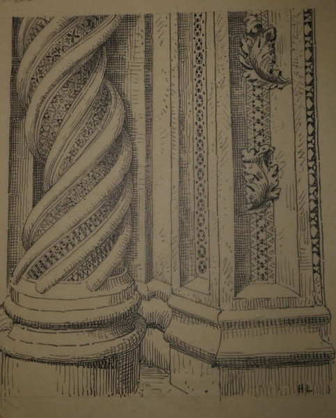 Dessin original sign&eacute; - D&eacute;coration de colonnettes, fa&ccedil;ade de la cath&eacute;drale d'Orvieto (Italie) - Vers 1930. Louis Henri Laffill&eacute;e
