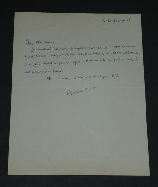 Robert ARON - Lettre autographe sign&eacute;e &agrave; Pierre LHOSTE, "Mon dernier quart d'heure", 1955. Robert ARON