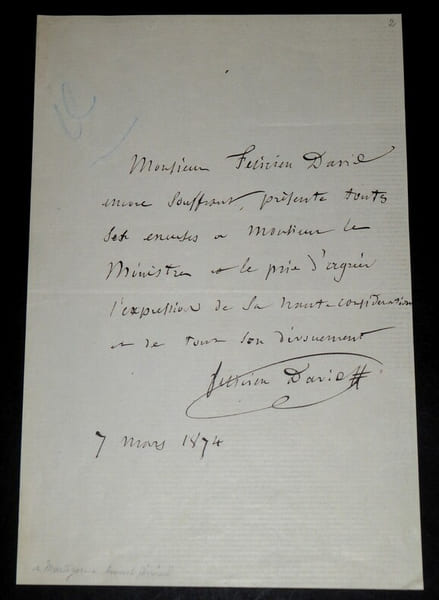 DAVID F&eacute;licien - LETTRE AUTOGRAPHE SIGNEE, PARIS, MARS 1874. F&eacute;licien David