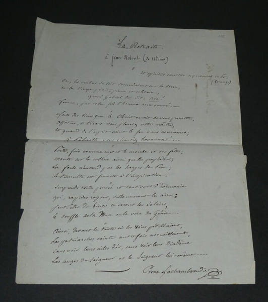 Pierre LACHAMBEAUDIE Po&egrave;me autographe sign&eacute; "La Retraite" au po&egrave;te Jean Reboul. Pierre LACHAMBEAUDIE