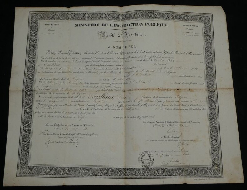 Document sign&eacute; - Minist&egrave;re de l'Instruction Publique Fran&ccedil;ois Guizot 1834. Fran&ccedil;ois Guizot
