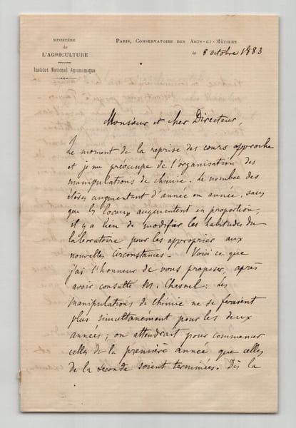 Achille Charles M&uuml;ntz Lettre autographe sign&eacute;e Laboratoire Chimie Institut 1883. Achille Charles M&uuml;ntz