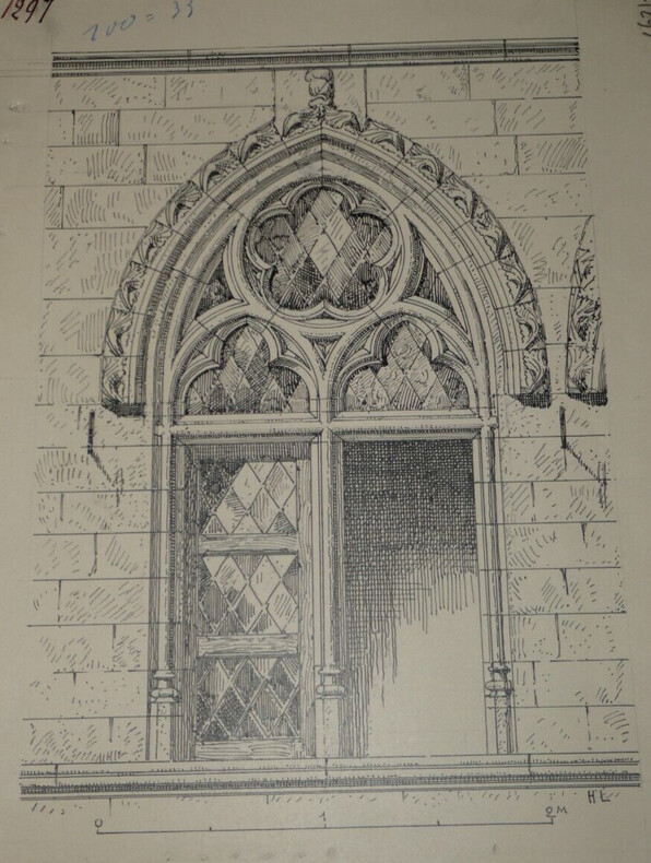 Fen&ecirc;tre d'une maison &agrave; Figeac (XIVe si&egrave;cle) - Dessin original sign&eacute;. Louis Henri Laffill&eacute;e