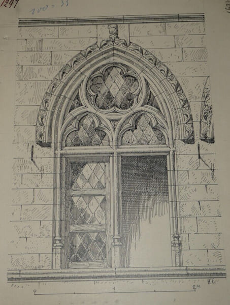 Fen&ecirc;tre d'une maison &agrave; Figeac (XIVe si&egrave;cle) - Dessin original sign&eacute;. Louis Henri Laffill&eacute;e