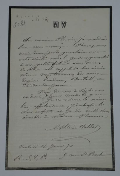 M&eacute;lanie Waldor - Lettre autographe sign&eacute;e &agrave; Monsieur Plouvier - 1870. M&eacute;lanie Waldor