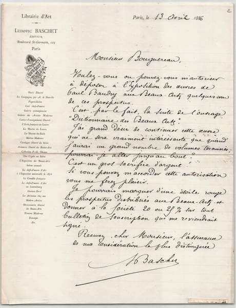 Ludovic Baschet - Lettre autographe sign&eacute;e - Dictionnaire des Beaux Arts - 1886. Ludovic Baschet