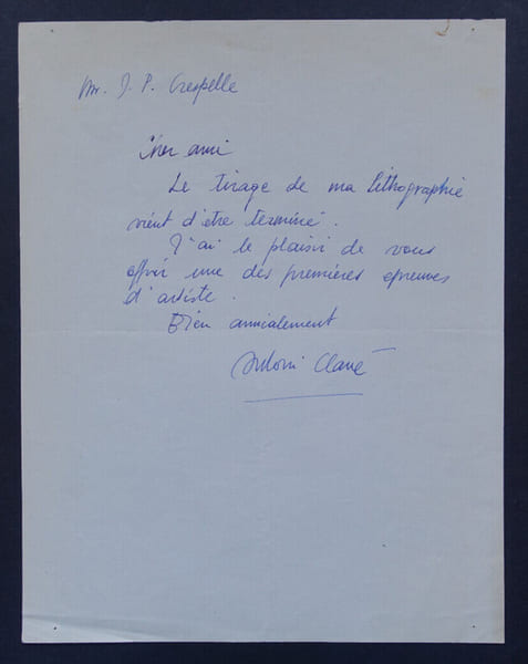 Antoni CLAV&Eacute; - LETTRE AUTOGRAPHE SIGN&Eacute;E &Agrave; Jean-Paul CRESPELLE. Antoni Clav&eacute;
