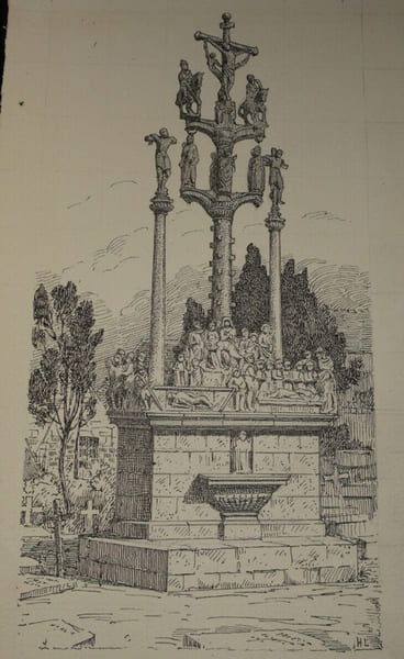 Dessin original sign&eacute; - Calvaire de Saint-Th&eacute;gonnec (Finist&egrave;re). Louis Henri Laffill&eacute;e