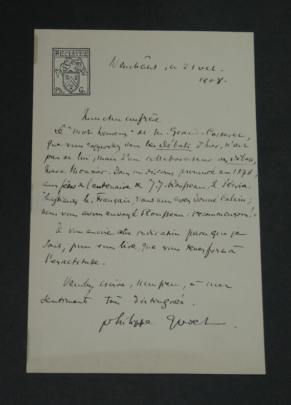 Philippe GODET &eacute;crivain suisse - LETTRE AUTOGRAPHE SIGN&Eacute;E - J.J ROUSSEAU - 1908. Philippe GODET