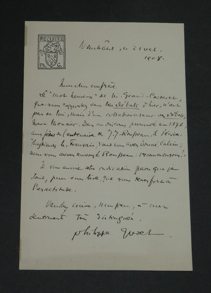 Philippe GODET &eacute;crivain suisse - LETTRE AUTOGRAPHE SIGN&Eacute;E - J.J ROUSSEAU - 1908. Philippe GODET
