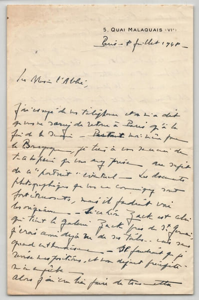 Fernand Flory. Lettre autographe sign&eacute;e &agrave; l'Abb&eacute; Morel, MATISSE, Galerie ZACK, 1948. Fernand Flory