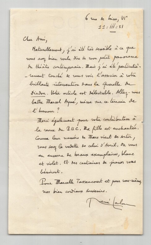 Ren&eacute; LALOU Lettre Autographe Sign&eacute;e &agrave; T. MAULNIER - MARCEL AYM&Eacute; - Th&eacute;&acirc;tre - 1951. Ren&eacute; Lalou