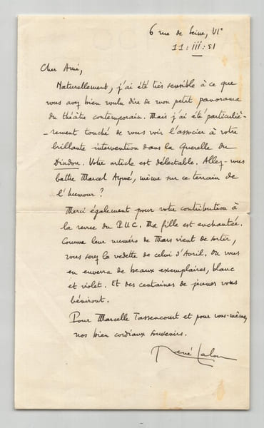 Ren&eacute; LALOU Lettre Autographe Sign&eacute;e &agrave; T. MAULNIER - MARCEL AYM&Eacute; - Th&eacute;&acirc;tre - 1951. Ren&eacute; Lalou