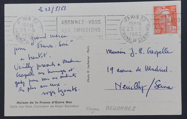 Roger BEZOMBES, Peintre - CARTE POSTALE AUTOGRAPHE SIGNEE A J.P. CRESPELLE, 1953. Roger BEZOMBES