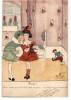 Petite aquarelle, 2 petites filles jouent et punissent un jouet 1916. 