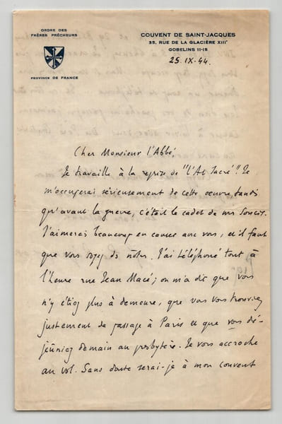 Pie Raymond R&eacute;gamey - Lettre autographe sign&eacute;e - reprise de L'Art Sacr&eacute; - 1944. Pie Raymond R&eacute;gamey