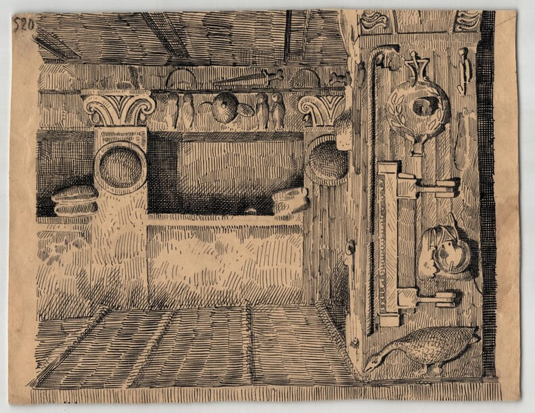 Int&eacute;rieur d'une tombe &eacute;trusque &agrave; alc&ocirc;ves fun&eacute;raires de Cerv&eacute;tri - Dessin original vers 1930. Louis Henri Laffill&eacute;e
