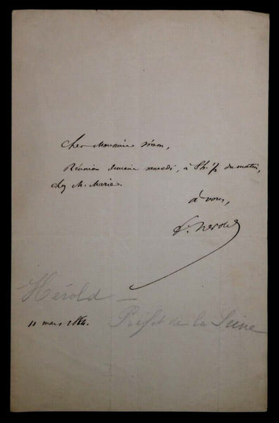 Ferdinand H&Eacute;ROLD, S&eacute;nateur - LETTRE AUTOGRAPHE SIGN&Eacute;E SUR UNE R&Eacute;UNION. Ferdinand H&Eacute;ROLD