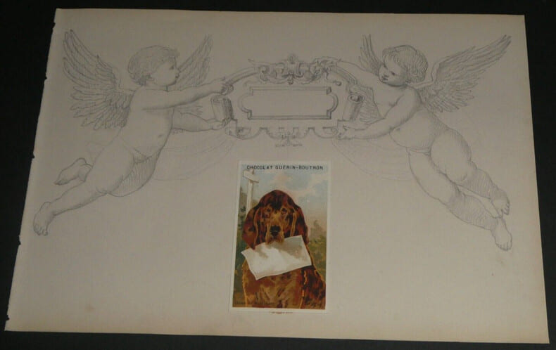 Dessin au crayon, fin XIX&egrave;me, Garret, d&eacute;corateurs, Vesoul , deux angelots nus. Garret