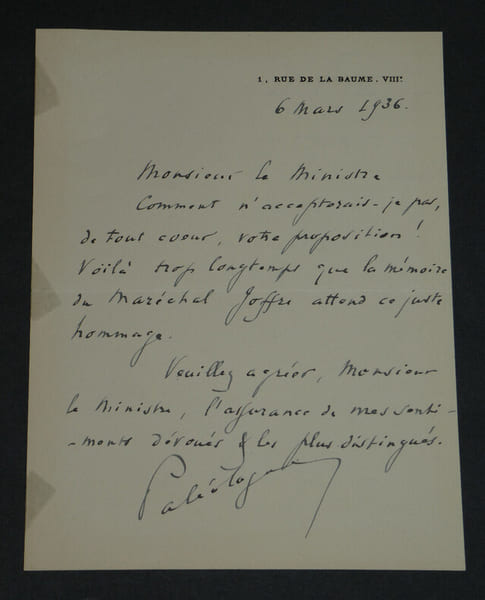 Maurice PAL&Eacute;OLOGUE - LETTRE AUTOGRAPHE SIGN&Eacute;E Monument au Mar&eacute;chal JOFFRE - 1936. Maurice PAL&Eacute;OLOGUE