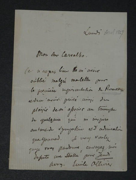 &Eacute;mile Ollivier - Lettre autographe sign&eacute;e &agrave; Monsieur Carvalho - Gounod - [1867]. &Eacute;mile Ollivier