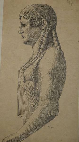 Dessin original sign&eacute; - Statue de l'Acropole (VIe si&egrave;cle avant J.-C.). Louis Henri Laffill&eacute;e