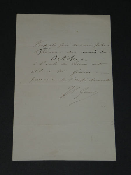 Jean-L&eacute;on G&Eacute;R&Ocirc;ME - NOTE AUTOGRAPHE SIGN&Eacute;E &Agrave; Mr LAMBERT - &Eacute;cole des Beaux Arts. Jean-L&eacute;on G&eacute;r&ocirc;me