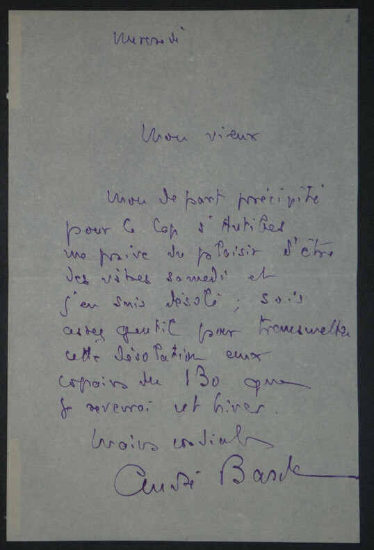 Andr&eacute; BARD&Eacute; - Lettre autographe sign&eacute;e "Cap d'Antibes". Andr&eacute; Bard&eacute;