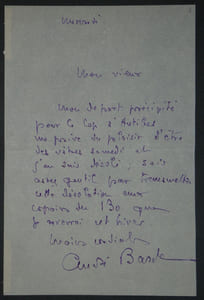 André BARDÉ - Lettre autographe signée "Cap d'Antibes"