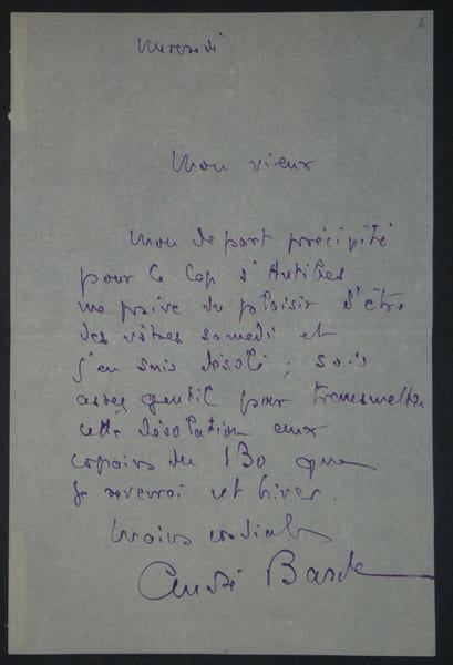 Andr&eacute; BARD&Eacute; - Lettre autographe sign&eacute;e "Cap d'Antibes". Andr&eacute; Bard&eacute;