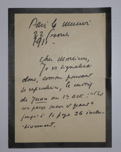 LAPARRA Raoul - LETTRE AUTOGRAPHE SIGN&Eacute;E, PARIS, 1911 DON JUAN. Raoul Laparra
