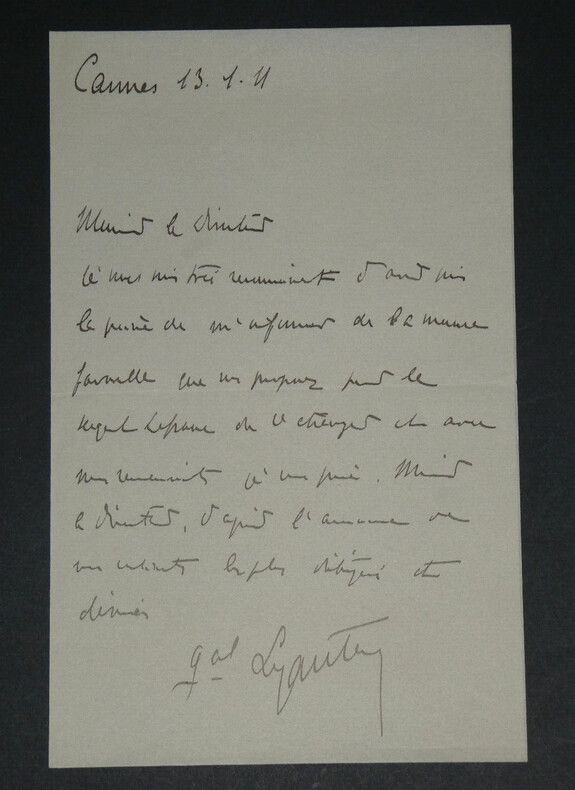 Mar&eacute;chal LYAUTEY - Lettre Autographe Sign&eacute;e de remerciement, 1911. Hubert LYAUTEY